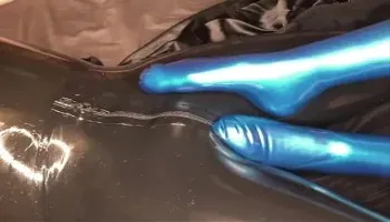 Hot latex footjob and handjob to cum shot