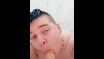 POV: Ftm gives dildo blowjob in the shower