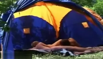 Hard sex and cum threesome in a tent