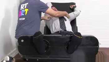Bearded businessman tickled hard while bound and helpless