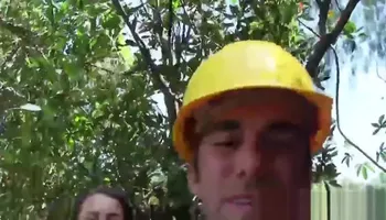 Three brunette teens get pussies smashed by the tree chopper